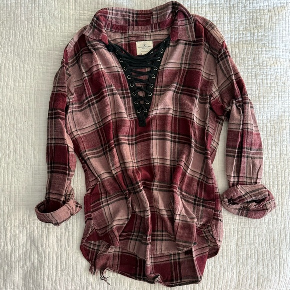A&E Maroon Tie Up Flannel Pullover L - Picture 1 of 4